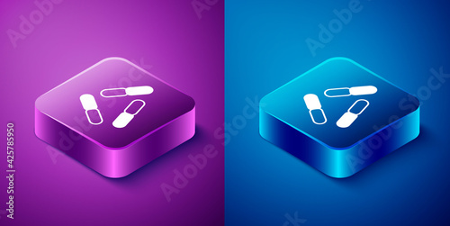Isometric Virus icon isolated on blue and purple background. Corona virus 2019-nCoV. Bacteria and germs, cell cancer, microbe, fungi. Square button. Vector