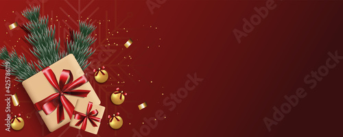 Scalable vector graphics. Christmas background. Realistic background with 3D objects, Christmas decorations: gift box with satin bow, Christmas tree, Christmas tree toy. View from above.