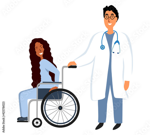 Patient happy disabled afro american woman sitting in wheelchair and male doctor in hospital isolated. Medical service. Rehabilitation. Healthcare concept. Vector illustration in flat cartoon style.