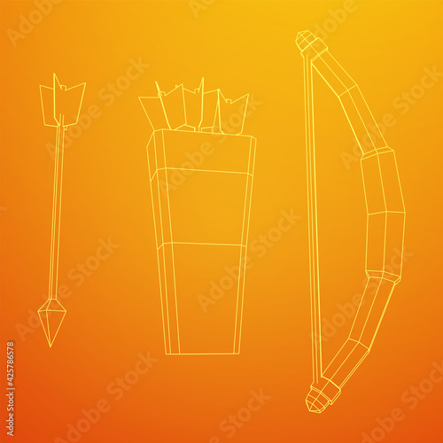 Medieval Bow and arrow archer weapon. Wireframe low poly mesh vector illustration.