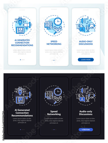 Distant meetings onboarding mobile app page screen with concepts. Networking events walkthrough 3 steps graphic instructions. UI, UX, GUI vector template with linear night and day mode illustrations