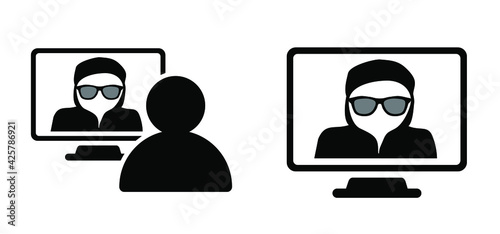 Computer crime. A hacker using computers, for stealing data. Online ransomware or malware to steal personal data from computer concept, criminal thief. Computer hacker, cyber security. Vector balaclav