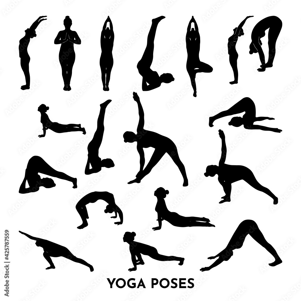 Set of yoga poses. Black woman silhouettes. Set of yoga poses. Black woman silhouettes.