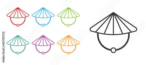 Black Asian or Chinese conical straw hat icon isolated on white background. Set icons colorful. Vector