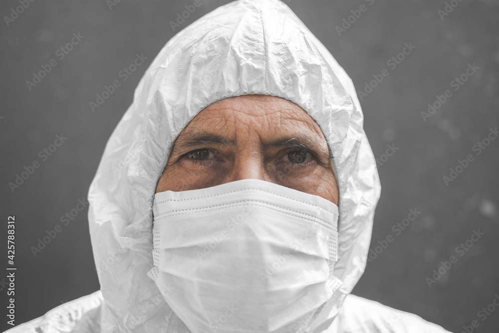 man with mask and virus suit man with mask and virus suit