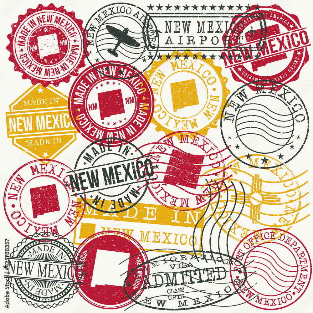 Fototapeta premium New Mexico, USA Set of Stamps. Travel Passport Stamps. Made In Product. Design Seals in Old Style Insignia. Icon Clip Art Vector Collection.