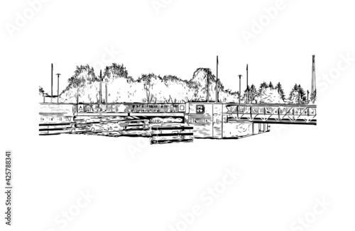 Building view with landmark of Elblag is a city in northern Poland. Hand drawn sketch illustration in vector.