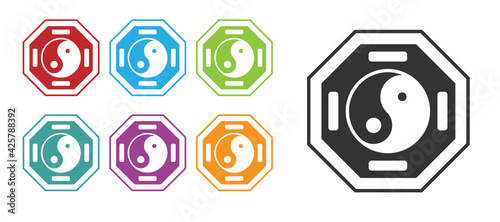 Black Yin Yang symbol of harmony and balance icon isolated on white background. Set icons colorful. Vector