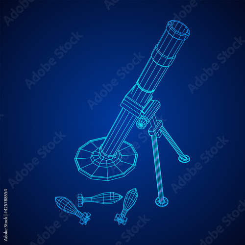 Firearm weapon army mortar and mine. Wireframe low poly mesh vector illustration