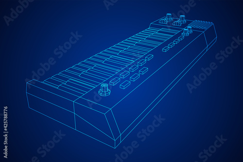 Piano roll analog synthesizer faders buttons knobs. Wireframe low poly mesh vector illustration.