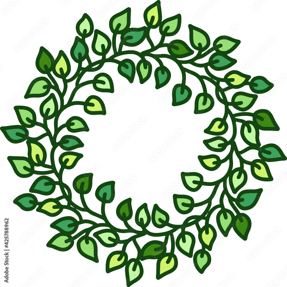 Green leaves frame in eco style. Doodle round ornament. Vector illustration.