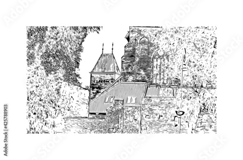 Building view with landmark of Elblag is a city in northern Poland. Hand drawn sketch illustration in vector.