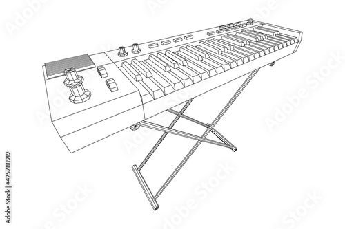 Piano roll analog synthesizer faders buttons knobs. Wireframe low poly mesh vector illustration.