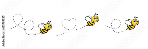 Cartoon happy bees icon set. Bee flying on dotted route collection. Vector illustration isolated on the white background.