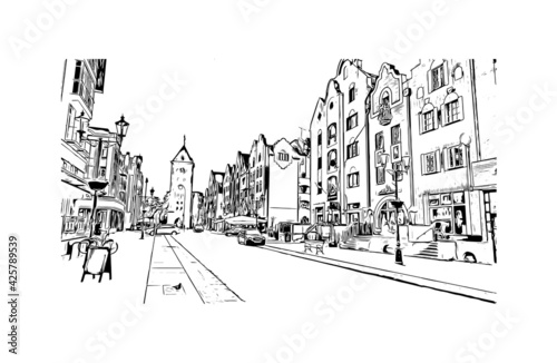 Building view with landmark of Elblag is a city in northern Poland. Hand drawn sketch illustration in vector.