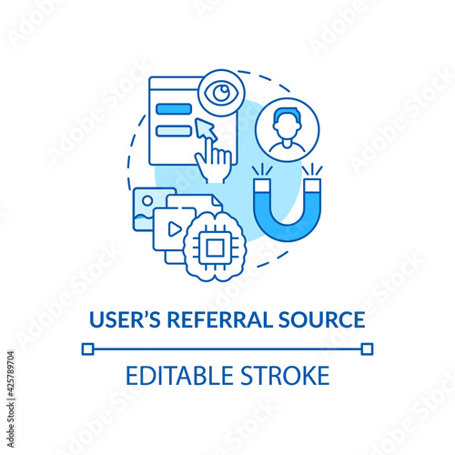 User referral source blue concept icon. Customer internet activity. Marketing strategy. Smart content idea thin line illustration. Vector isolated outline RGB color drawing. Editable stroke