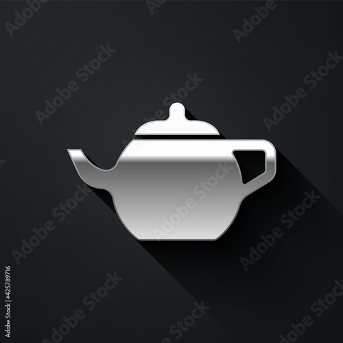 Silver Traditional Chinese tea ceremony icon isolated on black background. Teapot with cup. Long shadow style. Vector