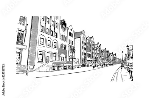 Building view with landmark of Elblag is a city in northern Poland. Hand drawn sketch illustration in vector.