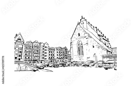 Building view with landmark of Elblag is a city in northern Poland. Hand drawn sketch illustration in vector.