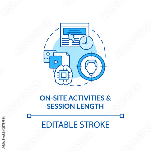 On site activities and session length blue concept icon. Online metrics. SEO analytics. Smart content idea thin line illustration. Vector isolated outline RGB color drawing. Editable stroke