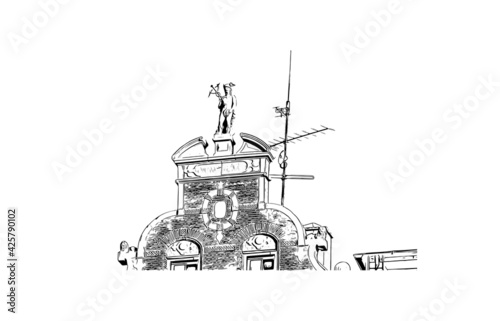 Building view with landmark of Elblag is a city in northern Poland. Hand drawn sketch illustration in vector.