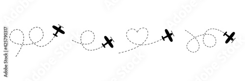 Airplane line path icon. Vector illustration of air plane flight route with line trace isolated on white background