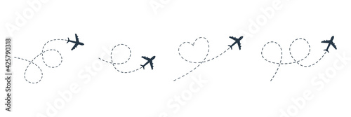 Airplane line path icon. Vector illustration of air plane flight route with line trace isolated on white background photo
