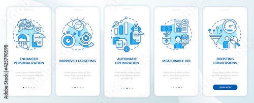 Smart content benefits blue onboarding mobile app page screen with concepts. Online business walkthrough 5 steps graphic instructions. UI, UX, GUI vector template with linear color illustrations photo