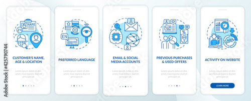 Smart content analytics components blue onboarding mobile app page screen with concepts. SEO walkthrough 5 steps graphic instructions. UI, UX, GUI vector template with linear color illustrations