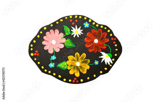 Imitation of a Zhostovo tray made of cardboard and plasticine. Children's craft photo
