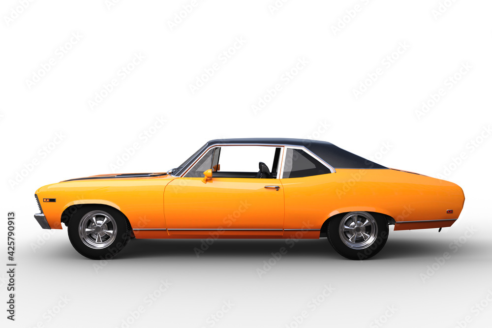 3D illustration of an orange retro American sports car isolated on white.
