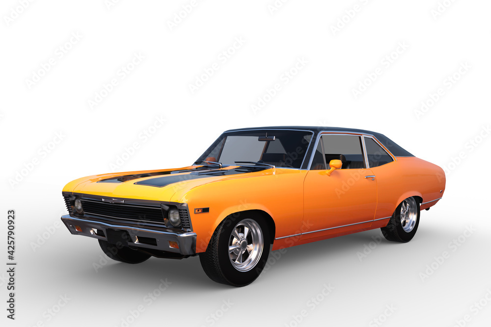 3D render of an orange retro American muscle car isolated on white.