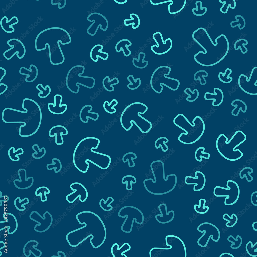Green line Mushroom icon isolated seamless pattern on blue background. Vector Green line Mushroom icon isolated seamless pattern on blue background. Vector