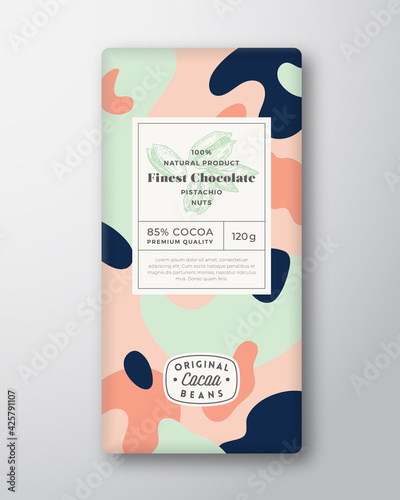Pistachios Chocolate Label Abstract Shapes Vector Packaging Design Layout with Realistic Shadows. Modern Typography Hand Drawn Nuts Silhouette and Colorful Camouflage Pattern Background. Isolated