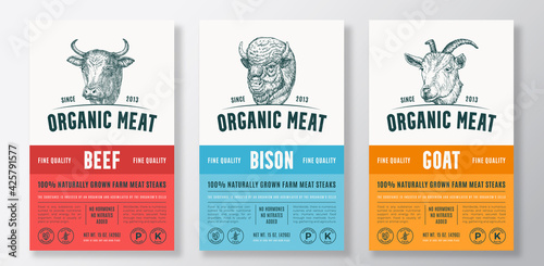 Organic Meat Abstract Vector Packaging Design or Label Templates Set. Farm Grown Steaks Banner. Modern Typography and Hand Drawn Cow, Bison and Goat Head Silhouettes Backgrounds Layout Collection