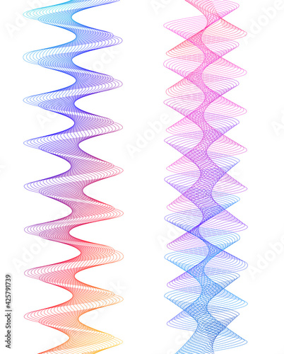 Design elements. Wave of many lines. Abstract vertical wavy stripes on white background isolated. Creative line art. Vector illustration EPS 10. Colourful waves with lines created using Blend Tool