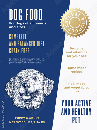 Pet Food Product Label Template. Abstract Vector Packaging Design Layout. Modern Typography Banner with Hand Drawn Golden Retriever Dog Sketch Face Background. Isolated