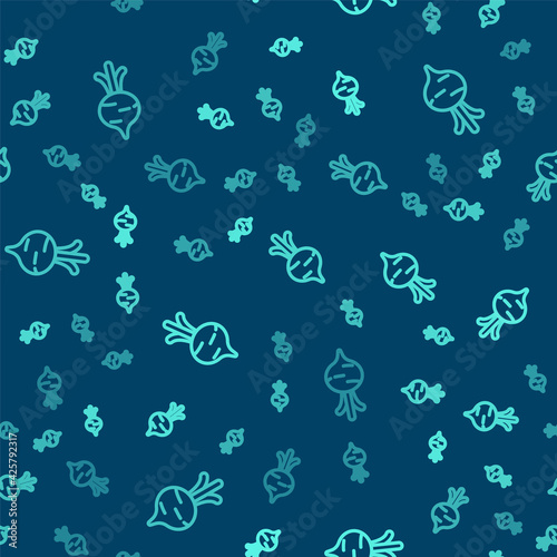 Green line Fresh beet with leaf icon isolated seamless pattern on blue background. Natural Root. Vegetable Ingredient for food. Vector
