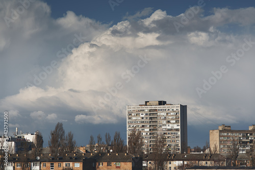 Stormy clouds over the city. Cumulus clouds. Kyiv, Ukraine.