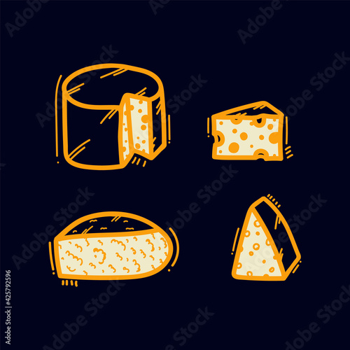 A set of dairy Doodle icons. Round and sliced cheeses, Maasdam, Curd cheese, Cream cheese. Vector illustrations, cheese heads icons. Vector illustration