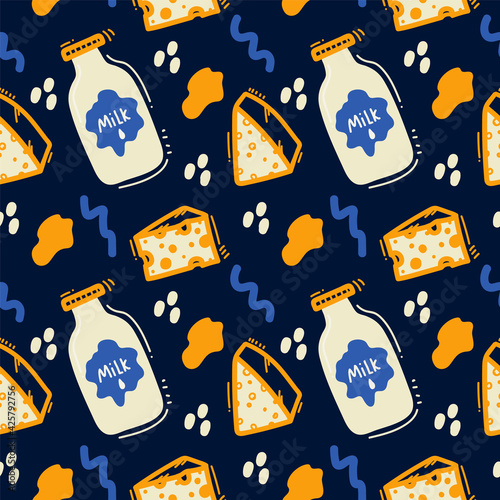 The pattern of cheesy dairy products. Cheeses, Maasdam, Curd cheese, Cream cheese, Milk for textile pattern. Doodle style background with dots and products. Vector illustration