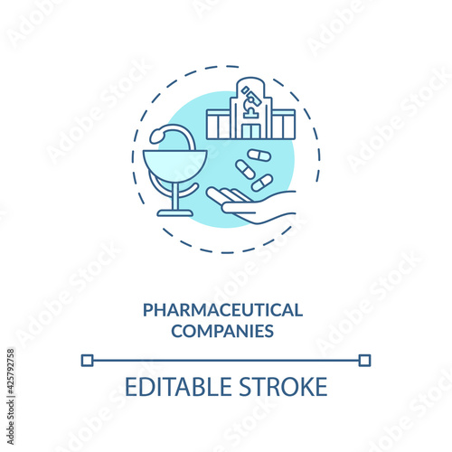 Pharmaceutical companies concept icon. Trials sponsorship idea thin line illustration. Drug, pharma company. Commercial business. Vector isolated outline RGB color drawing. Editable stroke