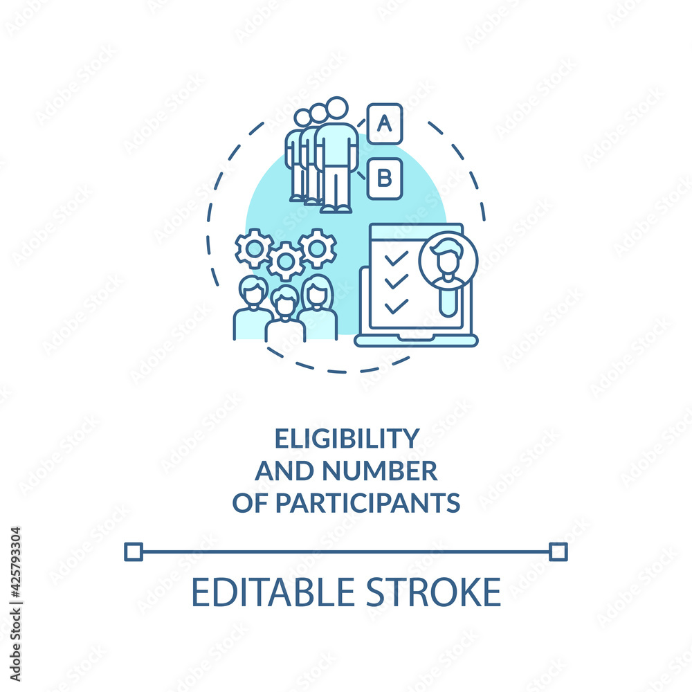 Eligibility and participants number concept icon. Clinical trial protocol idea thin line illustration. Eligible individuals for experiment. Vector isolated outline RGB color drawing. Editable stroke