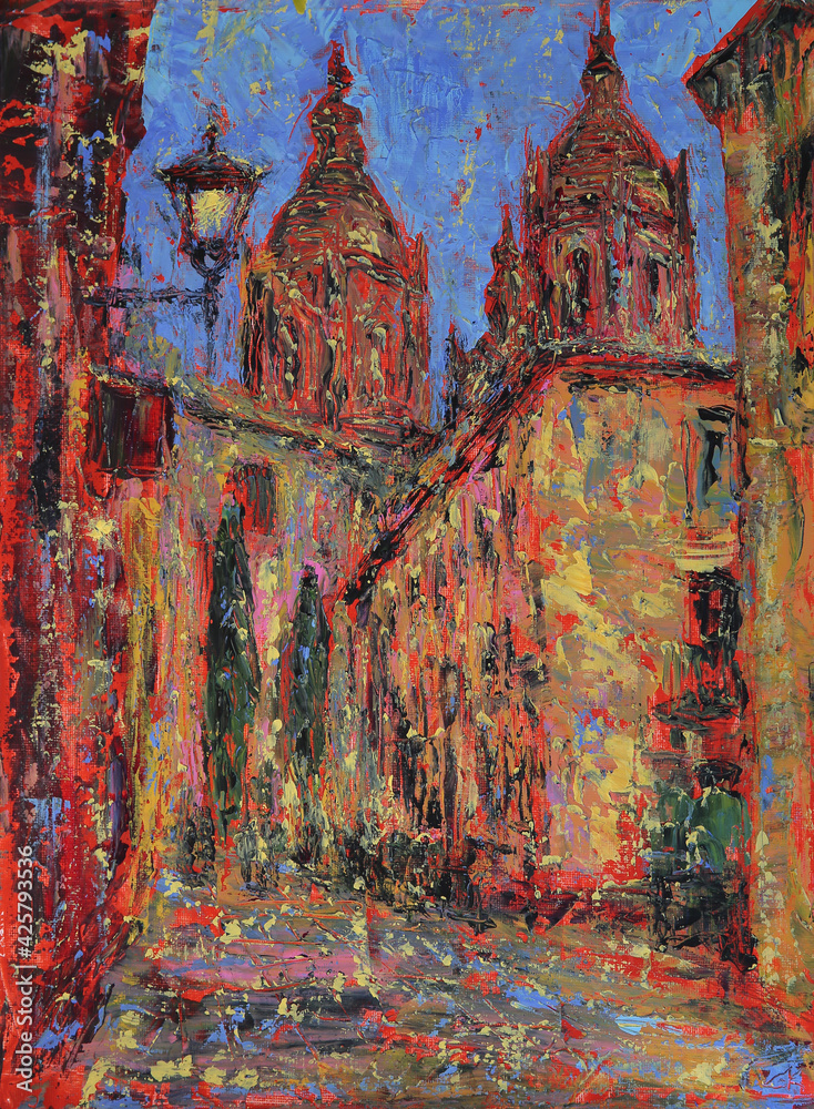 Abstract art painting of the Salamanca old city street Abstract art painting of the Salamanca old city street