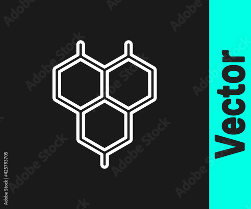 White line Chemical formula icon isolated on black background. Abstract hexagon for innovation medicine, health, research and science. Vector
