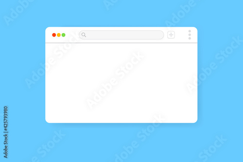 Modern web browser window design isolated on blue background. Web window screen mockup with shadow. Internet empty web landing page concept with search bar and buttons. Vector illustration