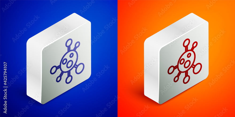 Isometric line Molecule icon isolated on blue and orange background. Structure of molecules in chemistry, science teachers innovative educational poster. Silver square button. Vector Isometric line Molecule icon isolated on blue and orange background. Structure of molecules in chemistry, science teachers innovative educational poster. Silver square button. Vector
