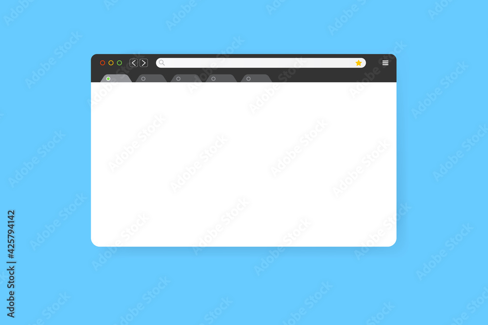 Modern web browser window design isolated on blue background. Web window screen mockup with shadow. Internet empty web landing page concept with search bar and buttons. Vector illustration