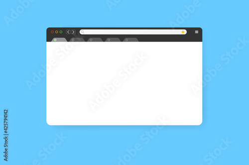 Modern web browser window design isolated on blue background. Web window screen mockup with shadow. Internet empty web landing page concept with search bar and buttons. Vector illustration