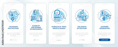 Clinical trial protocol parts onboarding mobile app page screen with concepts. Reason, duration walkthrough 5 steps graphic instructions. UI, UX, GUI vector template with linear color illustrations